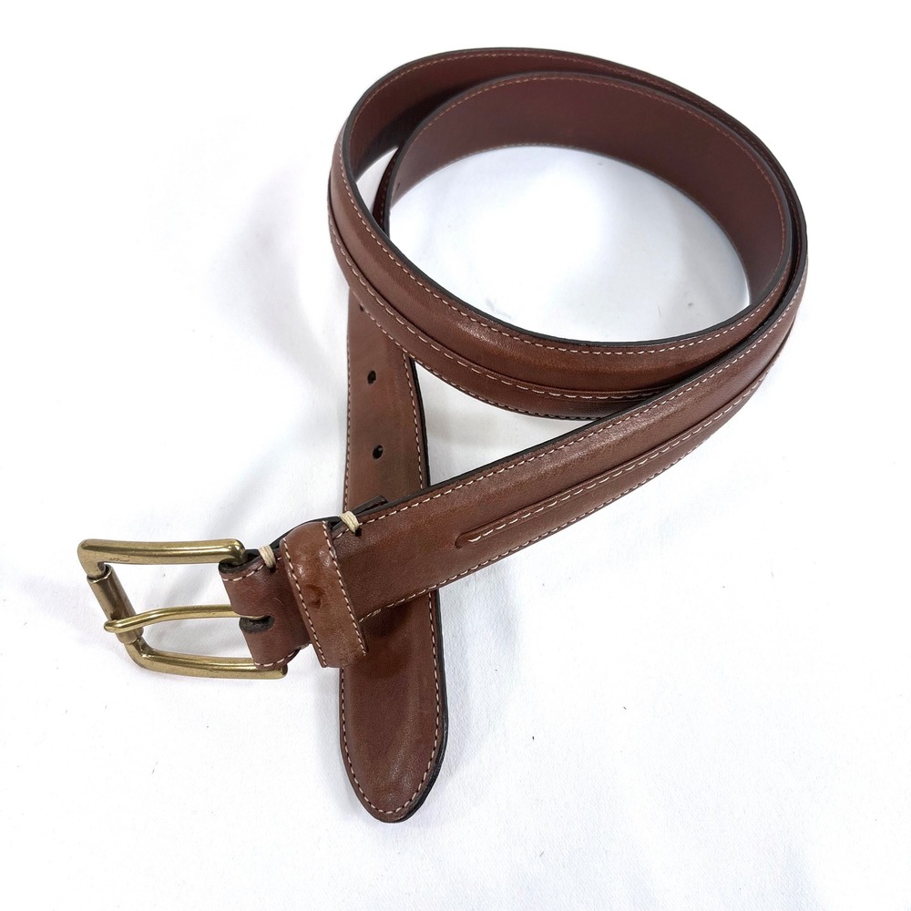 Cole Haan Belt Brown Leather Solid Brass Buckle Contrast Stitch Ridge Detail 38"